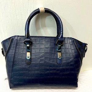 Genuine leather dark navy crocodile, snakeskin pattern tote bag w/shoulder strap